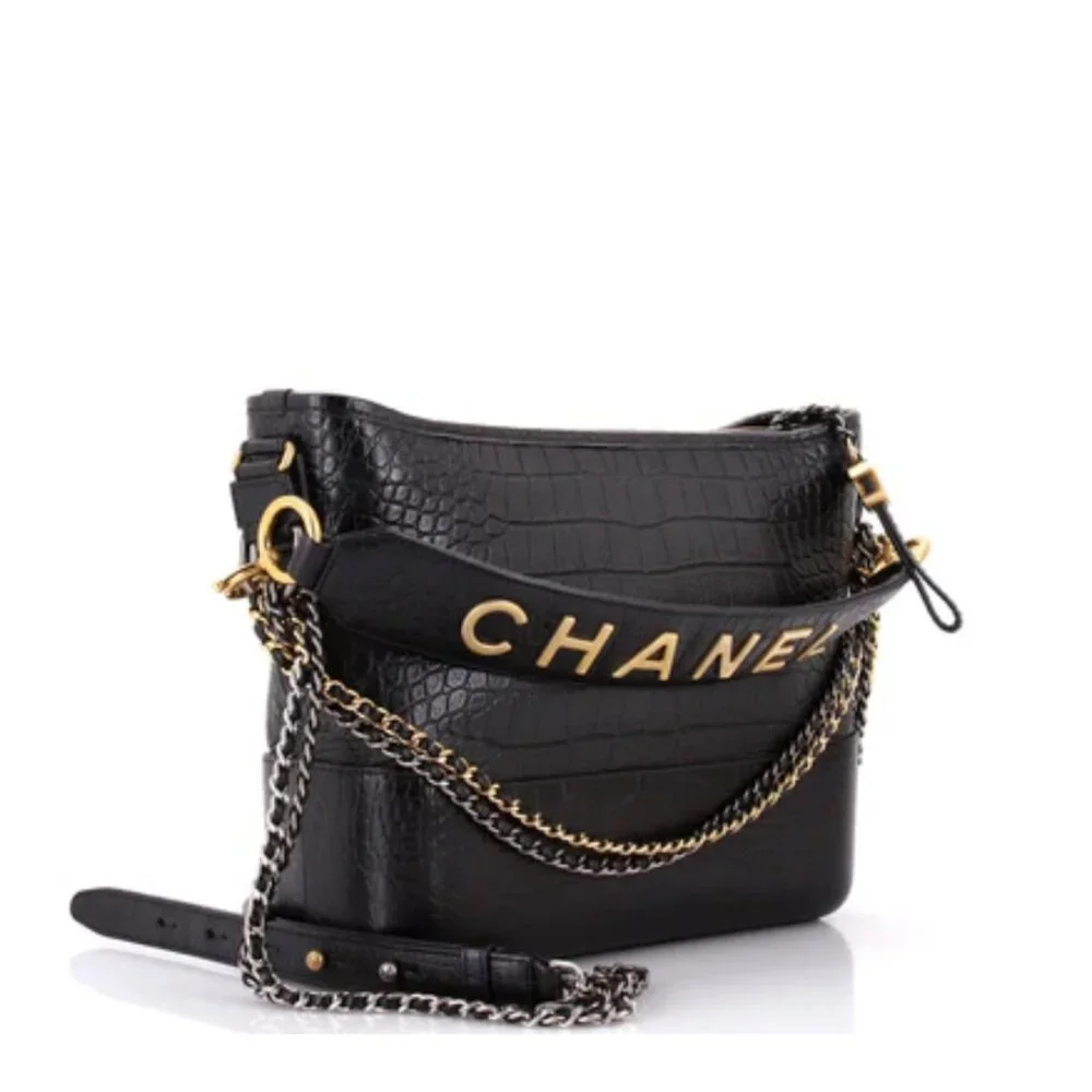 CHANEL RARE Gabrielle Hobo w/ Logo Handle Crocodile Embossed Calfskin Medium Bag